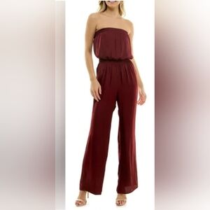 Forever 21 Red Strapless Jumpsuit with Wide-Leg Pants